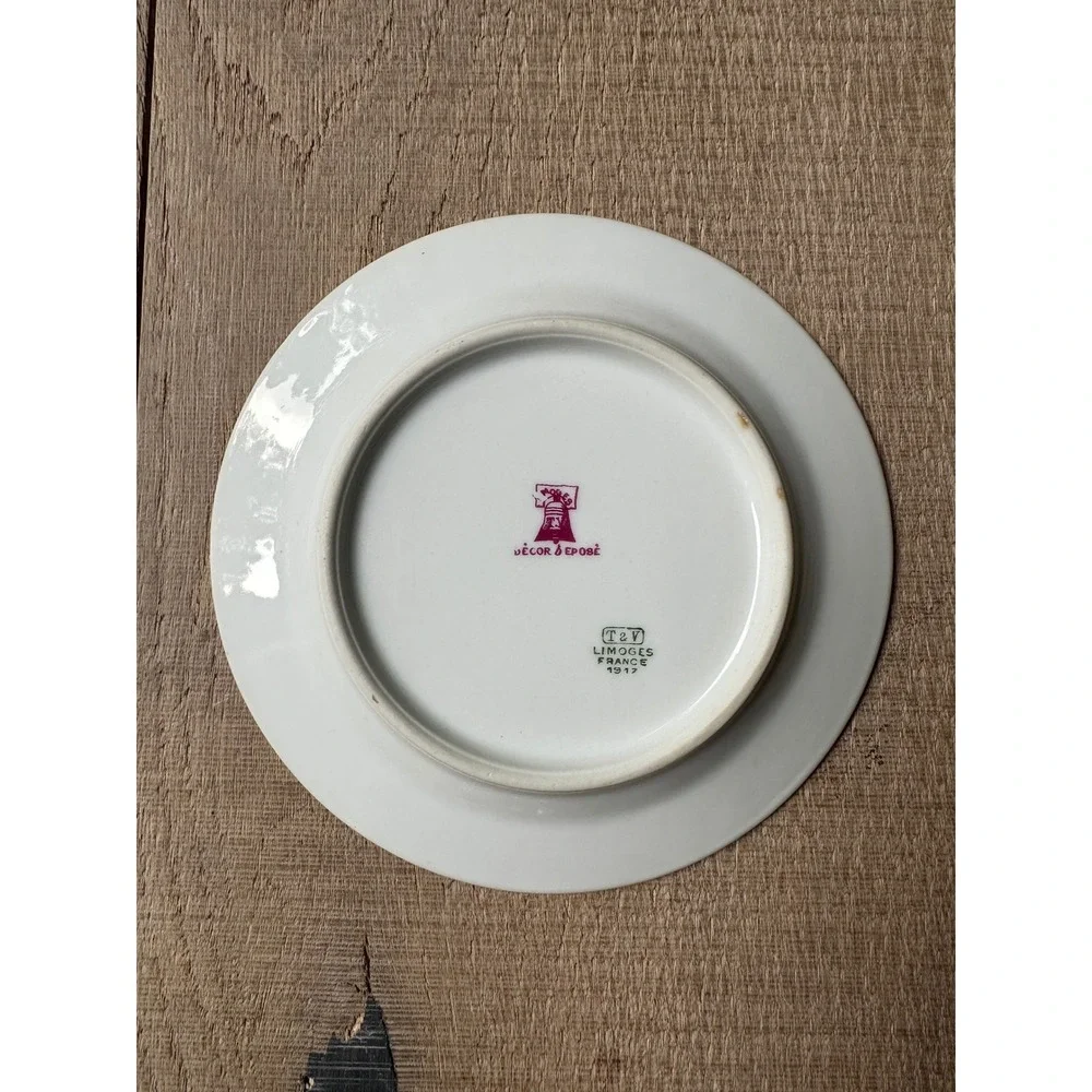 T&V Limoges France Antique Porcelain Dessert Plate Art Nouveau Roses 1917 6.25